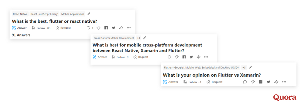 Quora queries on flutter vs react native vs xamarin
