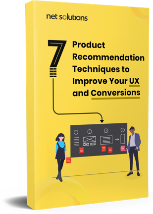 Net Solutions book cover titled 7 Product Recommendation Techniques to improve UX and Conversions